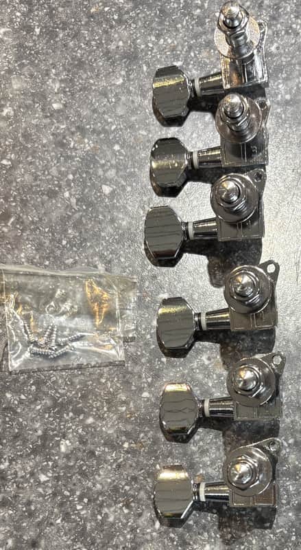 New Old Stock JinHo 6 In Line Locking Tuning Keys Left Handed - Chrome image 1