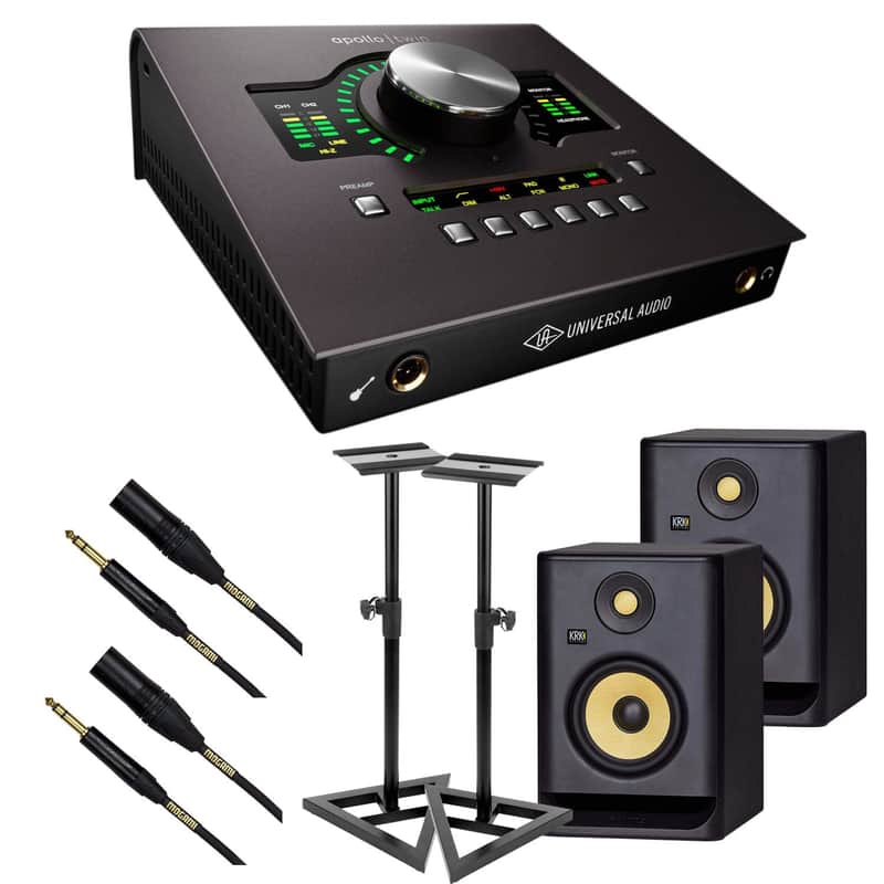 Universal Audio Apollo Twin MKII DUO Heritage Edition, (2) KRK RP5G4 Monitors, Monitor Stands, (2) Mogami XLR to 1/4 Bundle image 1