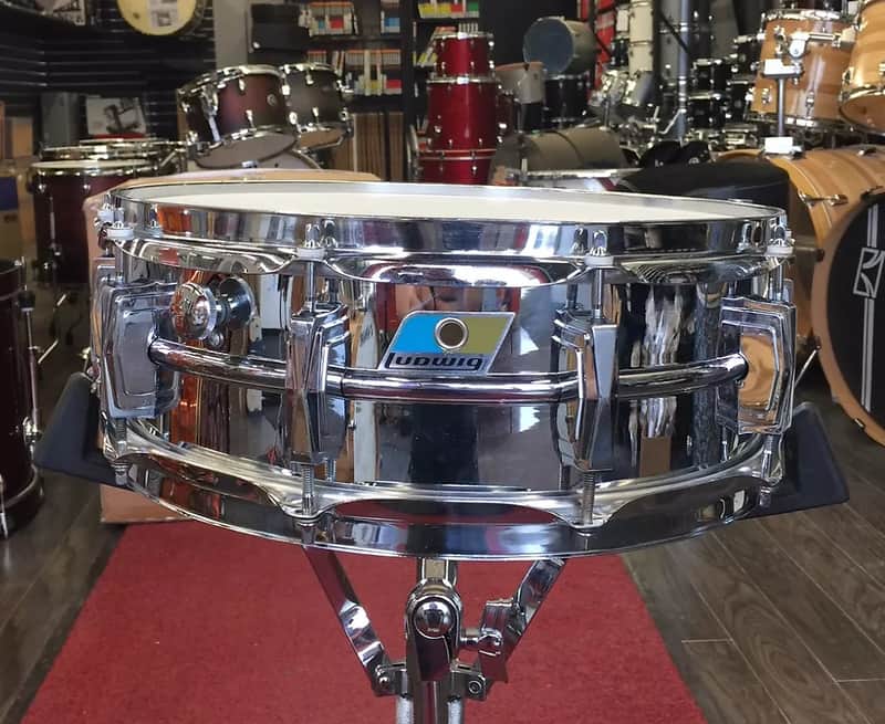 Ludwig No. 406 "B Stamp" Supraphonic 5x14" Chrome Over Brass Snare Drum with Cut Blue/Olive Badge 1970 - 1972 image 4