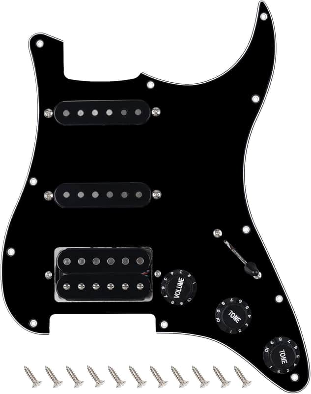 3Ply Loaded HSS Strat Pickguard Vintage Hot F '50s Tones Prewired Pickguard with Staggered Alnico 5 Fiber Bobbin SSH Single Coil & Humbucker Pickups for Fender Stratocaster JT/HBZC-03 Black image 1