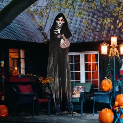 4.3' Halloween Decoration Animatronic Guitar-Playing Grim Reaper, Sound and Motion Activated Animated Prop image 1