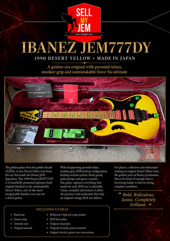 Beautiful 1990 Ibanez JEM777DY Desert Yellow Pyramid Inlays + Hard Case + Tremolo Arm + Original Manual + Strap image 1