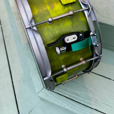 Custom Snare Drum 6” x 13” Maple and Bubinga shell 1999 - Retro funky distressed green image 4