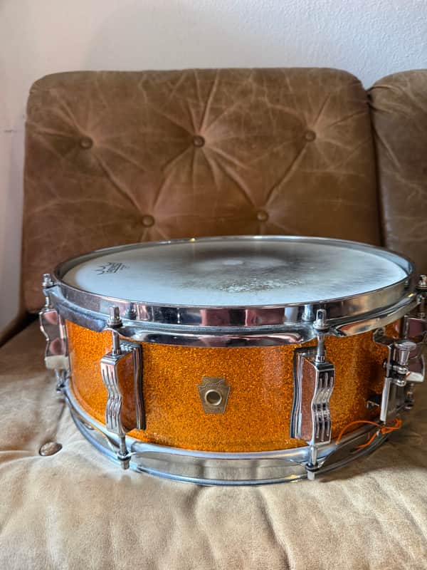 Vintage Ludwig Jazzfestival 14x5 Snare early 60ies (pre serial keystone badge) - Orange/Gold Sparkle image 1