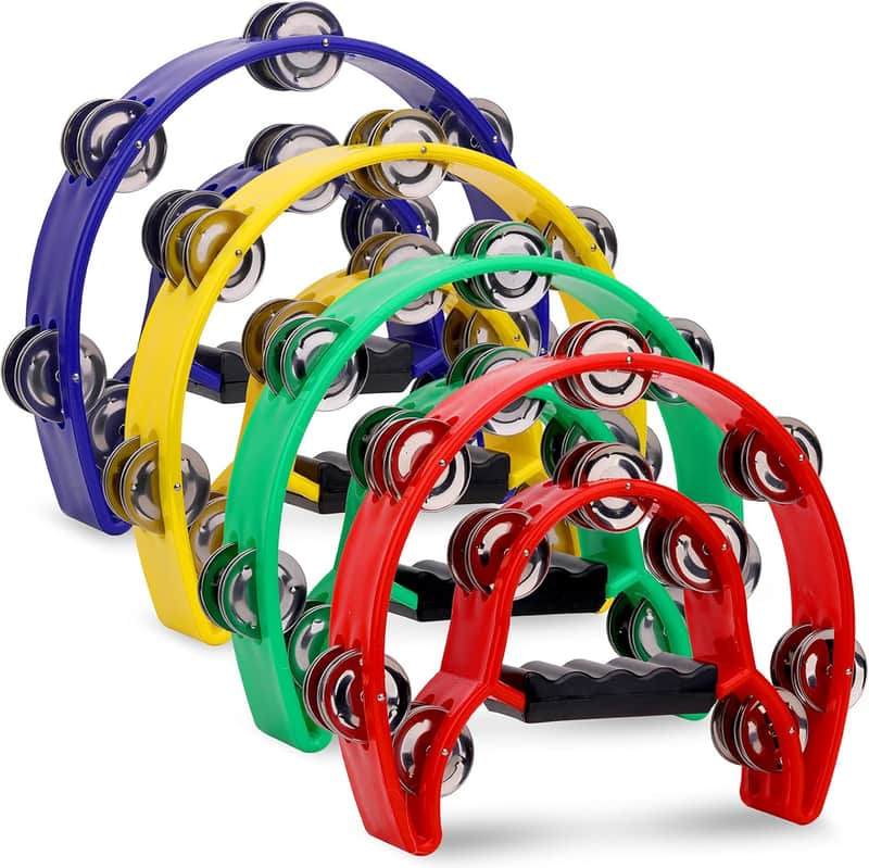4 Pack 10 Double Row Tambourine, Half Moon Musical Tambourine 20 Metal Jingles Hand Held Percussion Drum, Panderos Para Adultos, Plastic Tambourines for Adults, Church, KTV, Party, Multicolored image 1