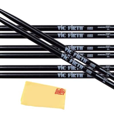 Vic Firth American Classic 5A Wood-Tipped Drumsticks - Black, 4 Pairs with Austin Bazaar Polishing Cloth image 1