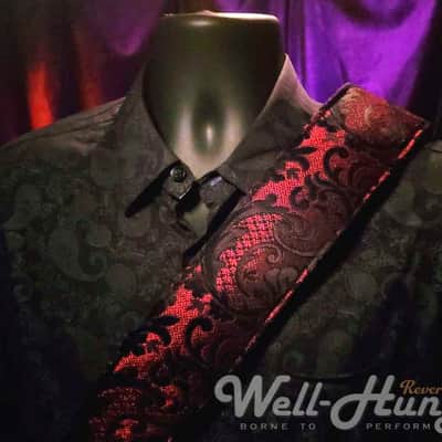 Well-Hung "Lunch with Lucifer" 3" wide padded guitar strap in Red Damask /Black Leather image 1