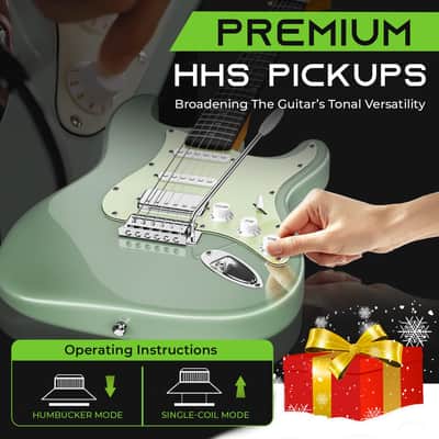 Electric Guitar (Premium Ash Tonewood) 39in Full-Size, HSS Pickups with Coil Split, Round Frets, Genuine Rosewood Fretboard, Accessories - Surf Green image 2