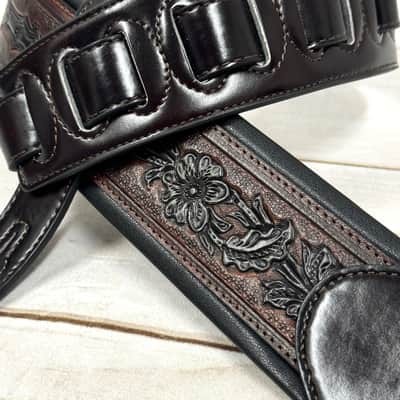 Walker and Williams KB-02-BT Oxblood Brown Carving Leather Padded Guitar Strap With Black Floral Skull & Cross For All Guitars And Basses image 3