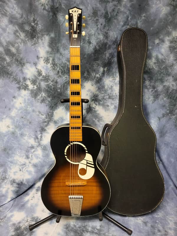 1960's Kay Musical Note Faux Tiger Stripe Parlor Student Guitar Pro Setup Original Soft Shell Case image 1