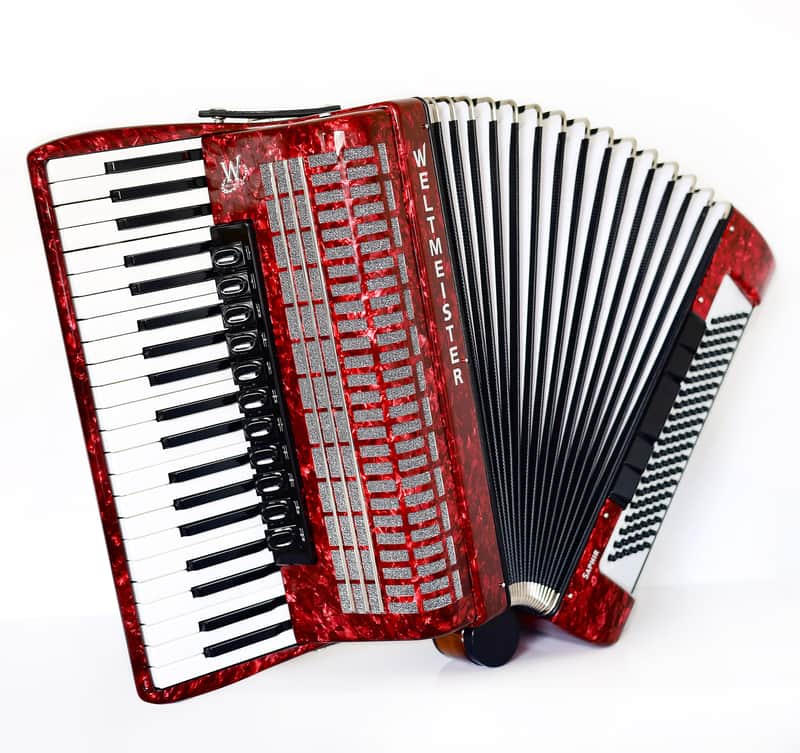 NEW Weltmeister Saphir Red Piano Accordion, made in Germany, 120 Bass buttons, Full-size Keyboard Accordian, incl. Straps and Case, Item Location USA image 1