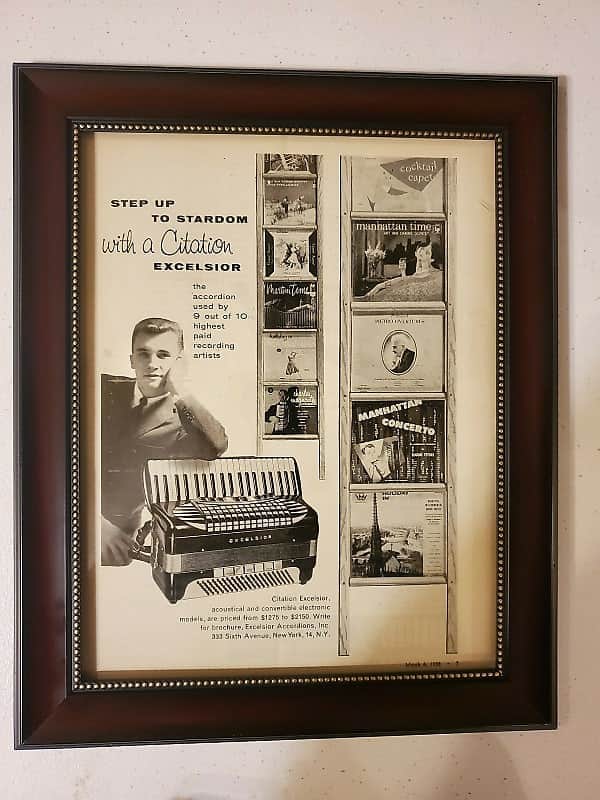 1958 Excelsior Accordions Promotional Ad Framed Excelsior Citation Accordion Original image 1