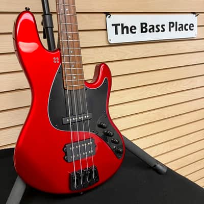Sandberg California II / TM / Blacklabel PUs / 4-String 34″ / Highgloss Metallic Red / Alder Body / Pau Ferro FB / Varied Dot Inlays / Black Head Stock / Black Hardware / Active 2-EQ / Split Switch / Black Pickguard - 8.3 pounds SN 50005 image 1