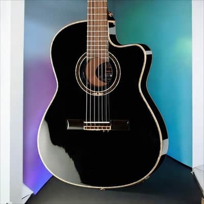 Immagine Ortega Guitars RCE138-T4BK Feel Series Slim Neck Acoustic-Electric Guitar TL Nylon w/ Bag, Black - 2
