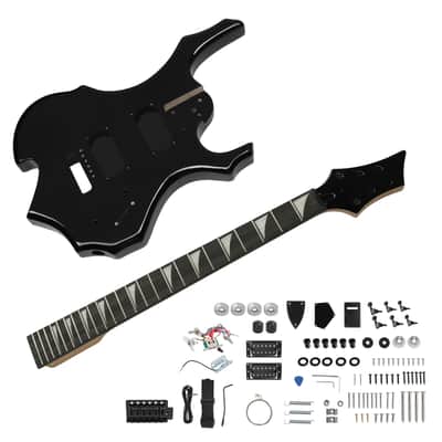 Cxxss DIY 6 String Flame Shaped Style HSH Electric Guitar Kits with Mahogany Body, Maple Neck and Accessories - Black image 1
