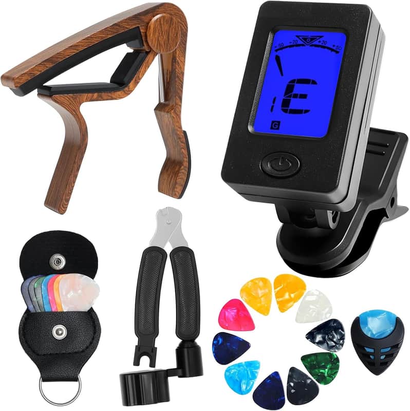 Acoustic Guitar Accessories Kit, Electric Tuner Clip on, 30 Pieces Guitar Picks, Rosewood Color Metal Capo and a String Winder, Fit for Bass, Violin, Ukulele Chromatic, Guitar Beginners Gifts image 1