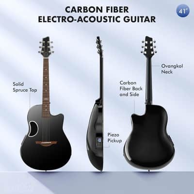 Acoustic Electric Guitar Kit - 41” Carbon Fiber Adult Beginner Set with Bag and Strap Built-In Pickup Rich Resonance & Warm Tone for Performance Ready, High-Gloss Black Finish image 2