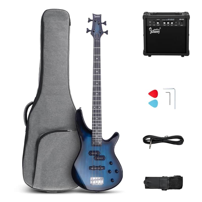 Glarry GIB 4 String Full Size Bass Guitar SS pickups w/ 20W Amplifier - Blue image 1