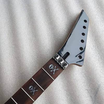 Left Handed Glossy Black Guitar Maple Wood Neck, 24 Frets Rosewood Fingerboard, Skullhead Inlay Stickers image 1