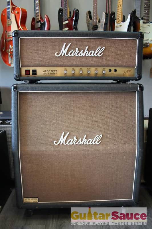 Marshall jcm 800 bass head + cabinet 4x12 brown grill cloth image 1