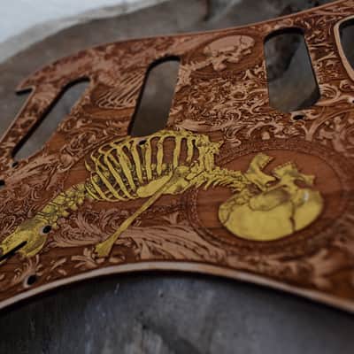 Hand-Painted Cherrywood Pickguard for Fender Stratocaster HSS/SSS – Laser-Engraved Unique 'Stumble' Design image 2