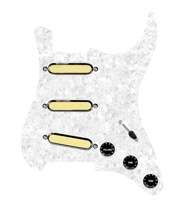 920D Custom Gold Foil Loaded Pickguard For Strat With Black Pickups and Knobs, White Pearl Pickguard For Strat, and S5W Wiring Harness image 1