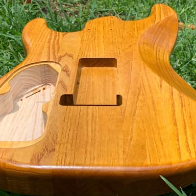 Light Back Routed Swamp Ash 1" Wood Strips Strat (Woodtech, USA) in Golden Amber Truoil Finish image 11