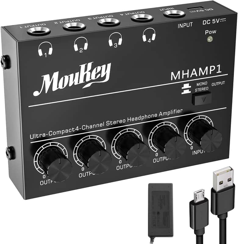 4 Channels Headphone Amp Amplifier Stereo Audio Mini Headphone Portable Amplifier  - 4x Quarter Inch Balanced TRS Headphone Output and TRS Audio Input image 1