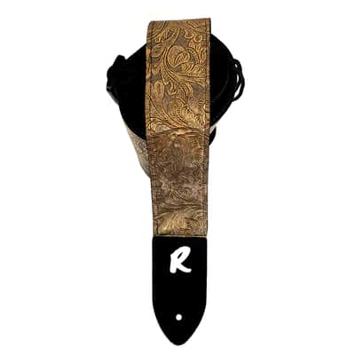 Gold Metallic Vegan Leather Guitar Strap-Gold Tooled Faux Leather Guitar Strap-Genuine Leather Ends -Fits Acoustic, Electric or Bass Guitars image 4