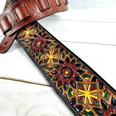 Walker And Williams WW-LIH-2 Hand Carved Premium Black And Brown Leather Strap With Gold Earth Zodiac Star Design image 1