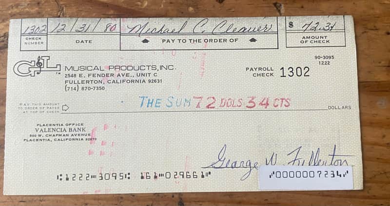1980 G&L Payroll check signed George Fullerton image 1