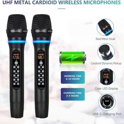 Dual Wireless Microphones Rechargeable, UHF Metal Wireless Mic System Cordless Microphone Professional with Echo Treble BASS VOL Channel Control for Karaoke Singing Church Events image 2