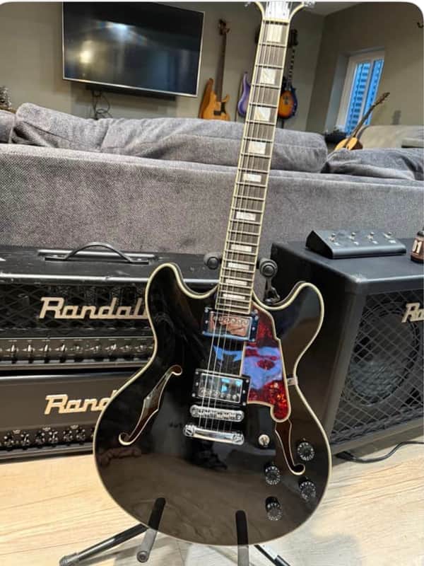 D'Angelico Premier DC Semi-Hollow Double Cutaway with Stop-Bar Tailpiece, Pau Ferro Fretboard 2023 - Present Black Flake image 1