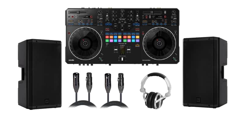 2x RCF ART 815-A Active Speakers with Pioneer DJ DDJ-REV5 Controller, HP700 headphone and cables image 1