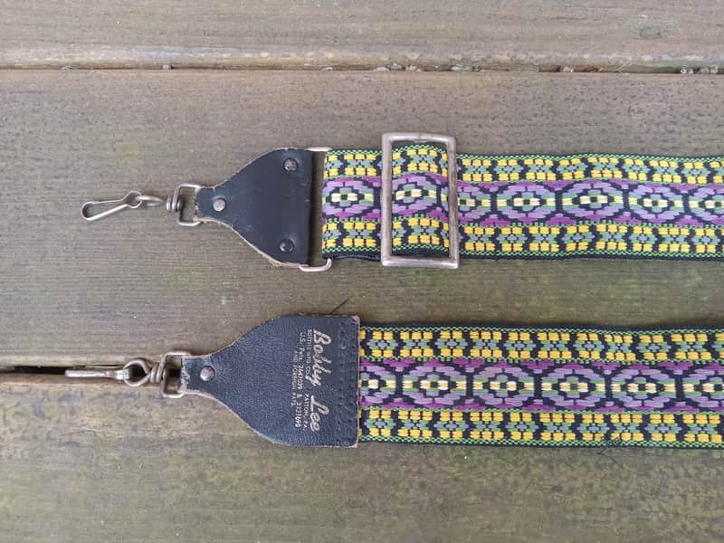 Vintage 1960's Bobby Lee Banjo Strap! Cool Purple/Green Pattern, Metal Buckle! Original Case Candy! Bild 1