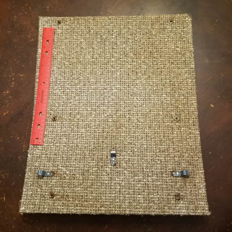 Vintage 11"x14" woven speaker cloth grille and pressboard baffle barkcloth? 1950s - black, silver, and tan image 1