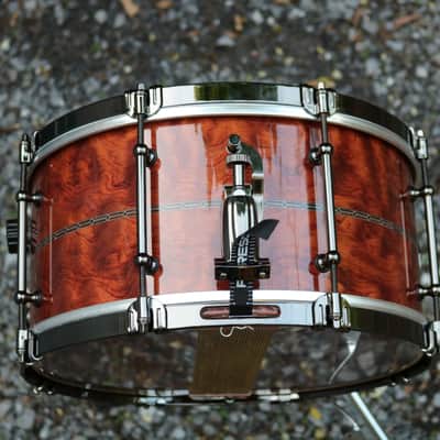 HHG drums 14x7 Bubinga, Tulipwood, Maple  2021 High Gloss Natural Lacquer, Herringbone Inlay, Black Nickel Hardware image 4