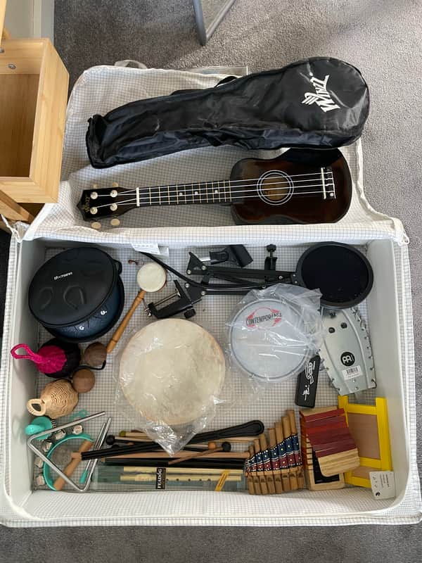 Box of Various Musical Instruments and Equipment image 1