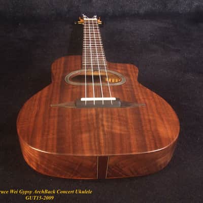 Handmade Gypsy Concert Ukulele, ArchBack Curly Wanut, Acacia MOP & Abalone Inlay, Soft-bag, Bruce Wei GUT15-2009 image 8