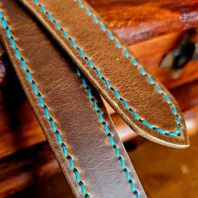 Hand Made, Hand Stitched Guitar strap "Rockatansky" in Taupe & Turquoise- Vegetable Tanned Leather image 6