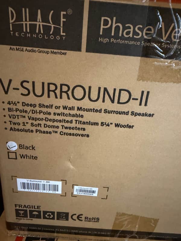 NEW IN BOX Phase Technology V-Surround-II Black Bipole/Dipole Speakers PAIR Black image 1