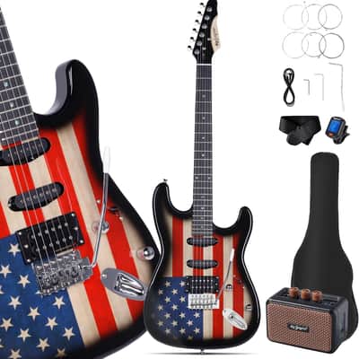 Leo Jaymz 39“ Full Size ST Style Electric Guitar Starter Kit with SSH Pickup, 5W Portable Amp - US Flag image 1