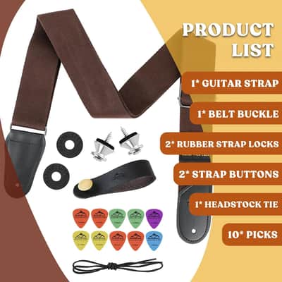 Guitar Strap 17 Set, Adjustable Cotton Straps with Picks Holders, 2 Strap Buttons, 2 Rubber Strap Locks, Belt Buckle, Headstock Tie and 10 Picks for Acoustic/Electric Guitar/Bass(brown set) image 4