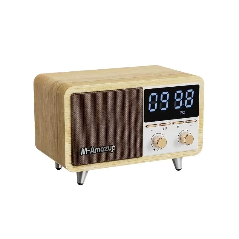 Retro Woodgrain Wireless Speaker Clock – Vintage-Style FM Radio with AUX, TF Card, MP3 Playback & Rechargeable Battery image 1