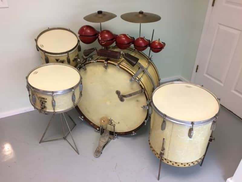 Ludwig & Ludwig Drum Set circa 1940 White Marine Pearl w/ Zildjian Zilco Cymbals image 1