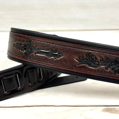 Walker and Williams KB-02-BT Oxblood Brown Carving Leather Padded Guitar Strap With Black Floral Skull & Cross For All Guitars And Basses image 5