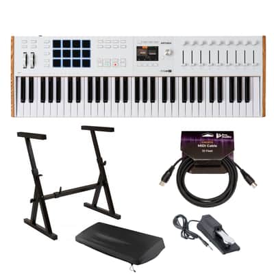 Arturia KeyLab Mk3 61 Keyboard MIDI Controller with DAW Integration and Enhanced Keybed (White) Bundle with Adjustable Z-Stand, Piano Style Sustain Pedal, Dust Cover, and 10 Feet MIDI Cable (5 Items) image 1