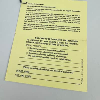 Vox Warranty Return Card (Late 1960s–Early 1970s) - Yellow image 1