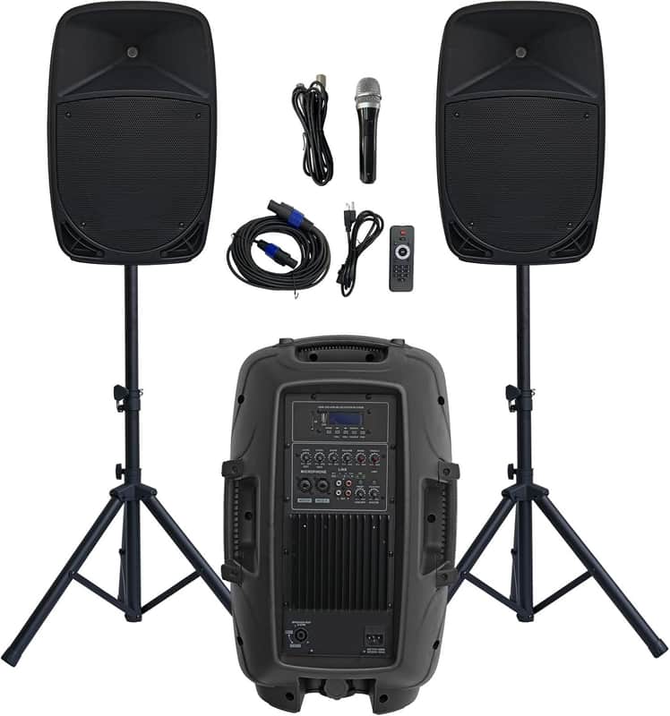 12inch PA Speaker System, 1000W High Powered Bluetooth Compatible Active + Passive Pair Outdoor Sound Speakers, Outdoor Karaoke Machine，FM Radio, Remote Control, 2 Speaker Stand, Supports SD Card/USB image 1