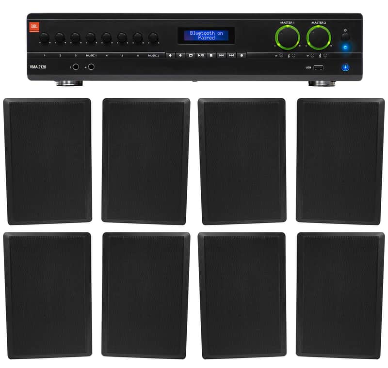 JBL 2-Channel Amplifier+(8) Slim Black Wall Speakers for Restaurant/Bar/Cafe image 1